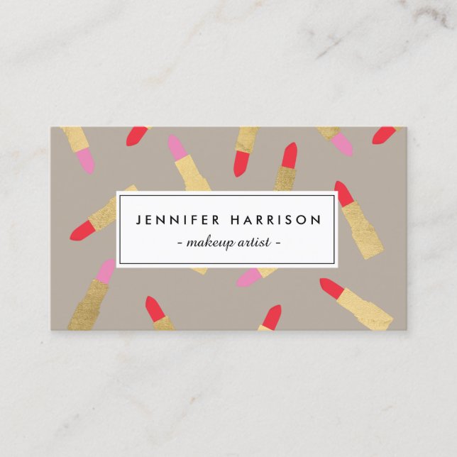 Carte De Visite Luxe Glam Lipstick Motif sur Taupe (Devant)
