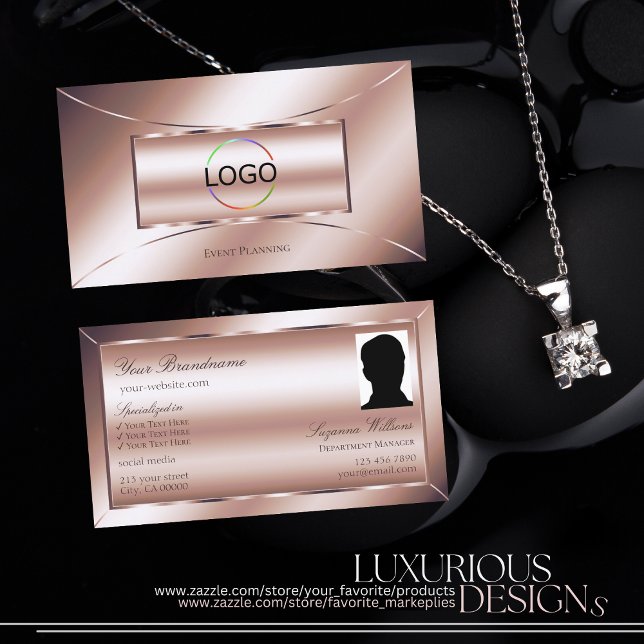 Carte De Visite Luxe Glam Rose Golden avec logo et photo stylish (Créateur téléchargé)