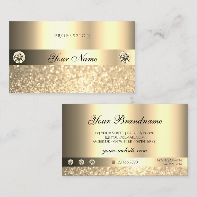 Carte De Visite Luxe Glam Shimmery Parties scintillant Diamants Or (Devant / Derrière)