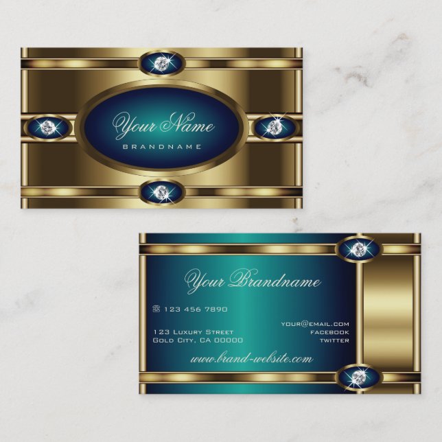 Carte De Visite Luxe Gold Blue Turquoise Gradient Faux Rhinestones (Devant / Derrière)