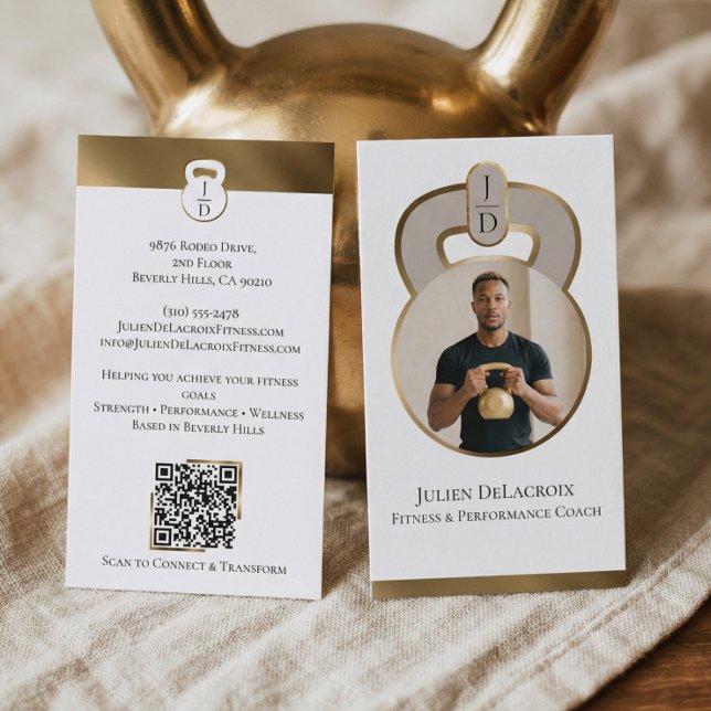 Carte De Visite Luxe Gold Kettlebell Monogram Fitness Coach Photo (Luxe Gold Kettlebell Monogram Fitness Coach Photo Business Card)