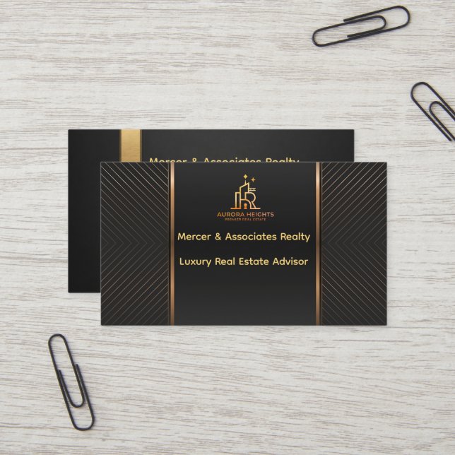 Carte de visite Luxe Immobilier Or Noir (Devant/Arrière en situation)