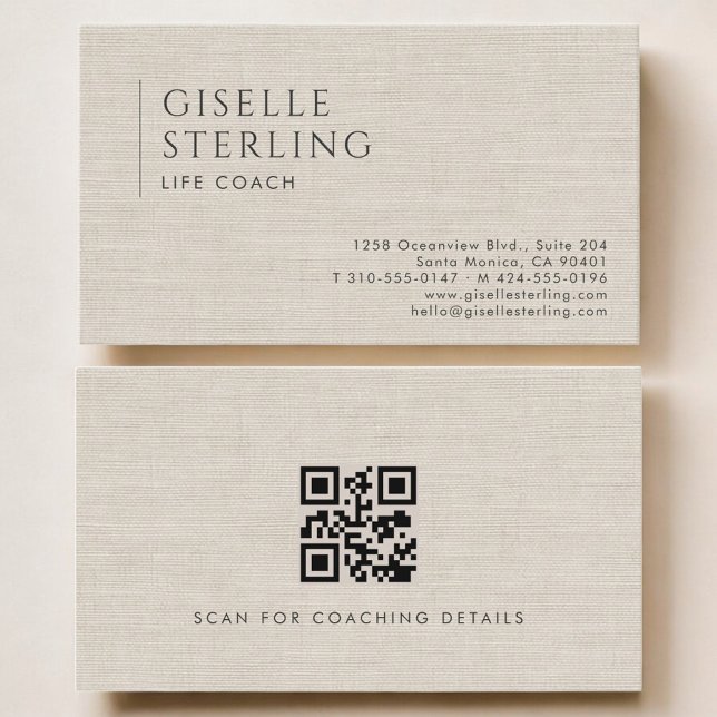 Carte de visite luxe lin neutre Code QR Coach de v (Créateur téléchargé)