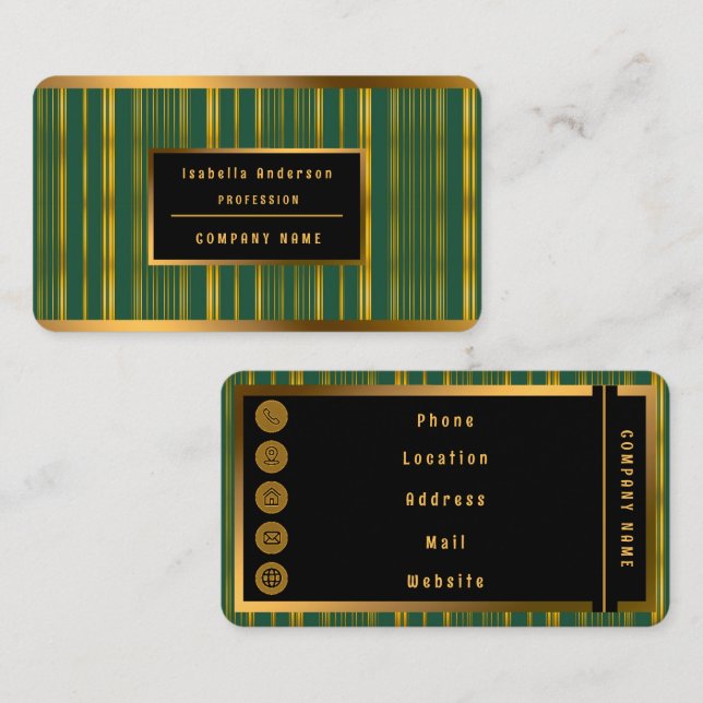 Carte De Visite Luxe Moderne Green Gold Linen Texture Collection (Devant / Derrière)