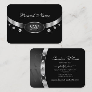 Carte De Visite Luxe Noir et Argent avec Initiales Rhinestones