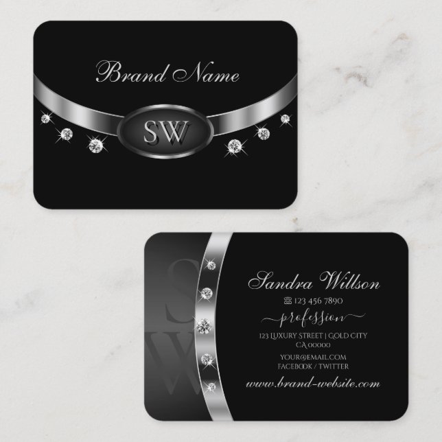 Carte De Visite Luxe Noir et Argent avec Initiales Rhinestones (Devant / Derrière)