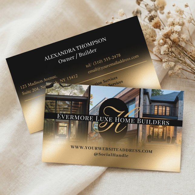 Carte de visite Luxe Noir Or Monogramme Entreprene (Luxe Black Gold Monogram Home Contractor 3 Photo Business Card)