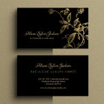 Carte De Visite Luxe or noir élégant feuillage botanique<br><div class="desc">Carte de visite élégant noir or avec une branche de feuillage botanique et vintage script de calligraphie exclusif. Convient aux spécialistes de la marque personnelle, aux designers de mode et d'intérieur, artistes, peintres, propriétaires de boutique, professionnels créatifs, concepteurs d'identité de marque, meubles et antiquaires, wedding planners, gérants de salon, maquilleurs,...</div>