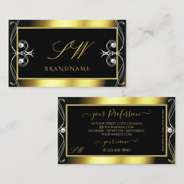 Carte De Visite Luxe Ornate Black Or Éparkle Bijoux Initiales (Devant / Derrière)