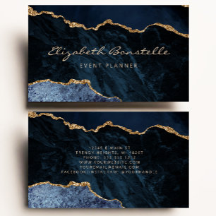Carte de visite luxe paillettes or agate bleu mari