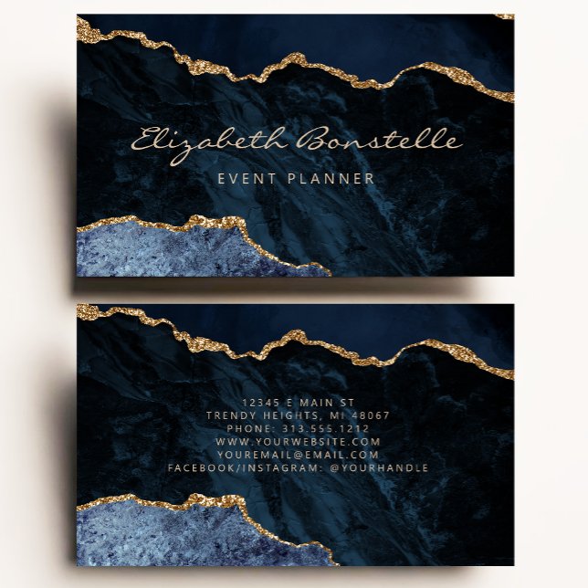 Carte de visite luxe paillettes or agate bleu mari (Créateur téléchargé)