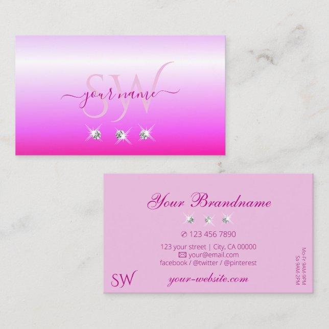 Carte De Visite Luxe Pink Ombre Sparkling Diamonds Initiales Luxe (Devant / Derrière)