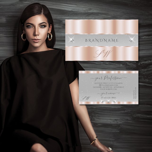 Carte De Visite Luxe Rose or gris clair bijoux étincelant Monogram (Créateur téléchargé)