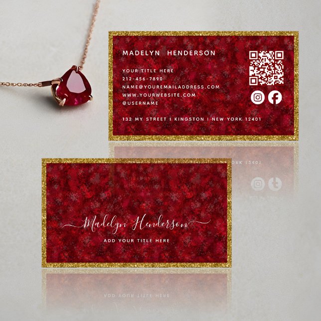 Carte De Visite Luxe Ruby Gold Frame QR Code Social Media Icons (Créateur téléchargé)