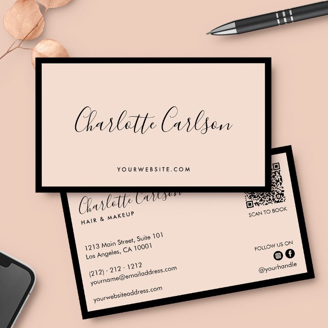 Carte De Visite Luxe Script moderne Blush Pink QR médias sociaux (Créateur téléchargé)