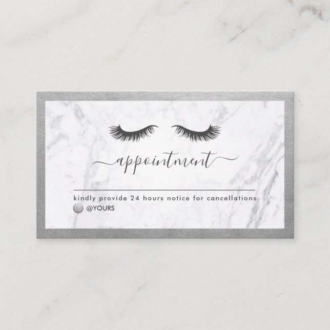 Carte De Visite Luxe Silver & Marble Beauté Eyelash Rendez-vous (Devant)