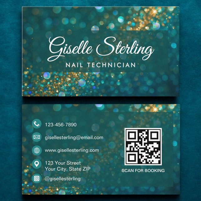 Carte De Visite Luxe Turquoise Gold Parties scintillant Nail Techn (Créateur téléchargé)