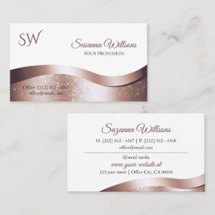 Carte De Visite Luxe Wavy Rose or Décor blanc avec Monogramme