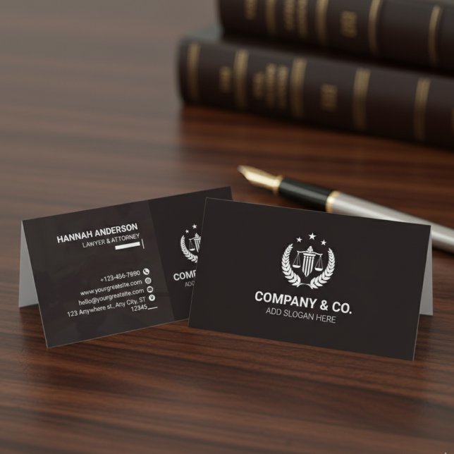Carte de visite luxueuse d'avocat en cuir marron e (Luxury Navy Leather Look Attorney Business Card with Logo)