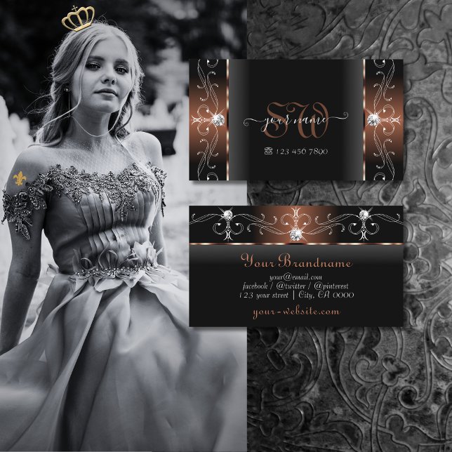 Carte De Visite Luxueux Black Brown Squigglé Bijoux Monogramme (Créateur téléchargé)