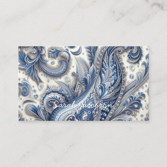 Carte De Visite Luxueux bleu et blanc Paisley (Devant)