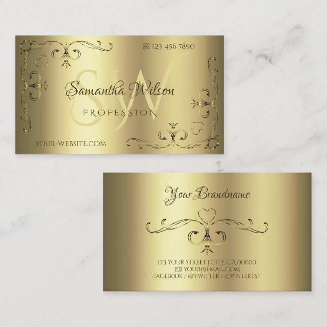 Carte De Visite Luxueux Coins Golden Ornate avec Initiales Or (Devant / Derrière)
