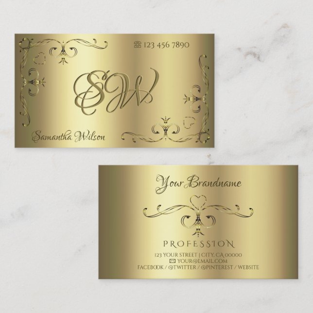 Carte De Visite Luxueux Coins Ornat Or avec Initiales Or (Devant / Derrière)