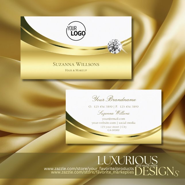 Carte De Visite Luxueux Gold White avec logo et Sparkle Diamond (Créateur téléchargé)
