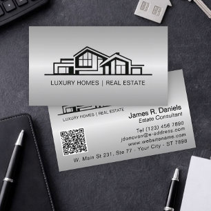Carte De Visite Luxueux Gris Argent Immobilier Chic Professionnel