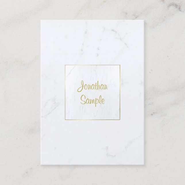 Carte De Visite Luxueux Marbre blanc Élégant Plain Gold Script (Devant)