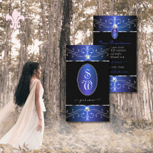 Carte De Visite Luxueux Monogramme Ornat Bleu Noir