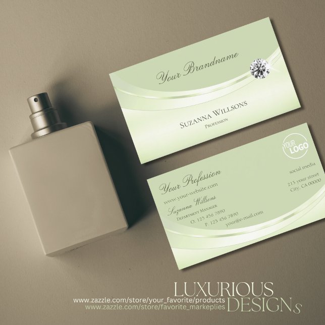 Carte De Visite Luxueux Pastel Sage Green avec logo et diamant (Créateur téléchargé)
