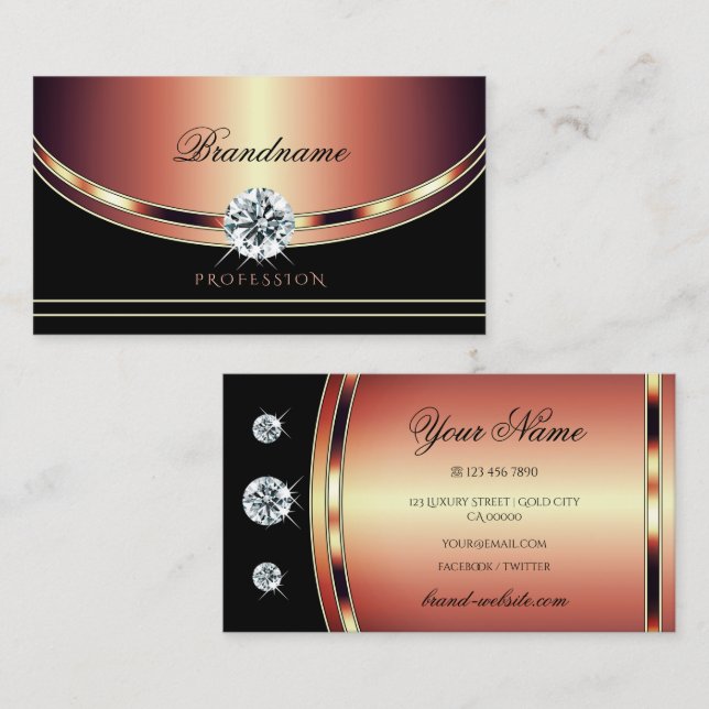 Carte De Visite Luxueux Rose Gold Black avec diamants étincelants (Devant / Derrière)