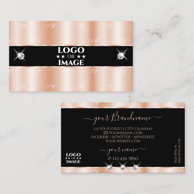 Carte De Visite Luxueux Rose Gold Black Sparkle Bijoux avec logo (Devant / Derrière)