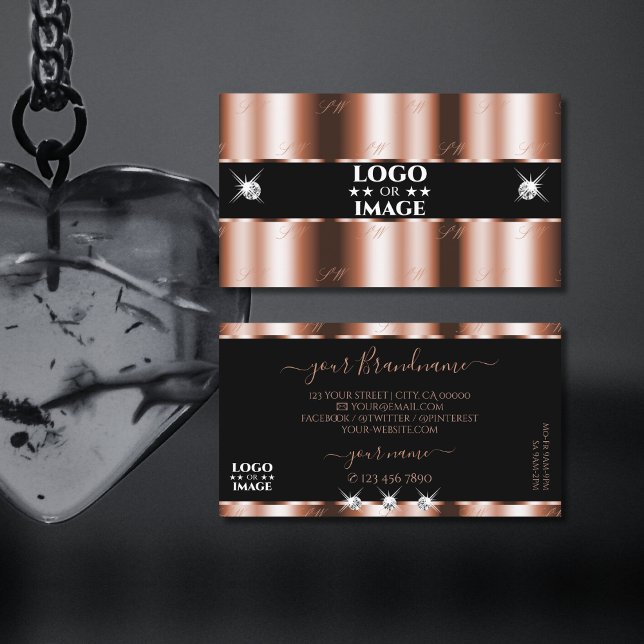 Carte De Visite Luxueux Rose Gold Black Sparkle Bijoux avec logo (Créateur téléchargé)