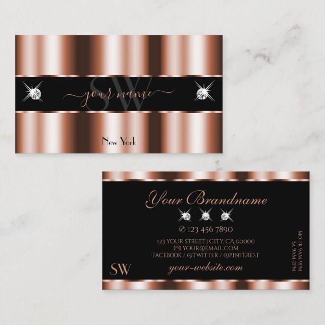 Carte De Visite Luxueux Rose Gold Black Sparkle Bijoux Initiales (Devant / Derrière)