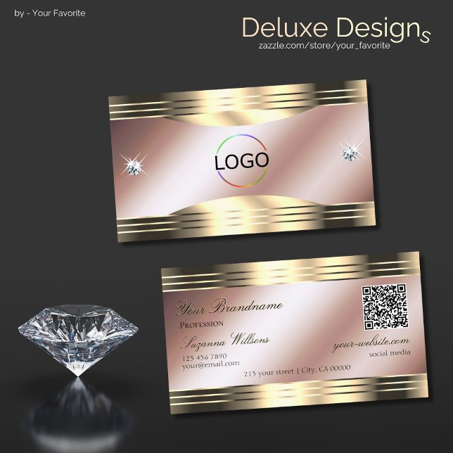 Carte De Visite Luxueux Rose Gold Shiny Diamonds Logo QR Code (Créateur téléchargé)