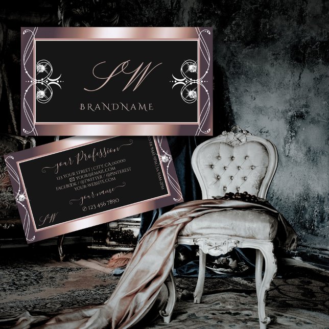 Carte De Visite Luxueux Rose noir or étincelant Bijoux Initiales (Créateur téléchargé)