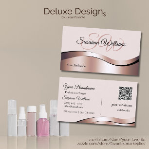 Carte De Visite Luxueux Rose Waved Gold Decor Initiales QR Code