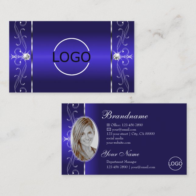 Carte De Visite Luxueux Royal Blue Squiggling Jewels Logo & Photo (Devant / Derrière)