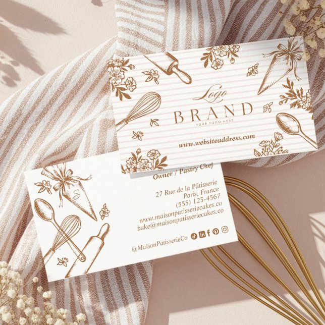 Carte De Visite Luxury Baking Utensil Pastry Cake Bakery Shop Logo (Stripe Baking Utensil Pastry Cake Bakery Shop Logo Business Card)