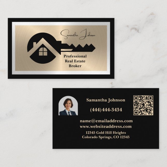 Carte De Visite Luxury Black and Gold QR Code Photo Real Estate  (Devant / Derrière)