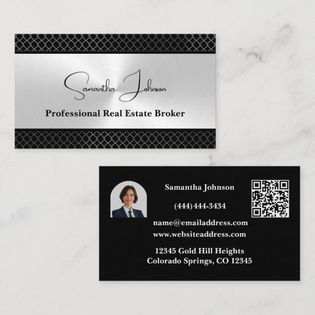 Carte De Visite Luxury Black and Silver Real Estate Business Card (Devant / Derrière)