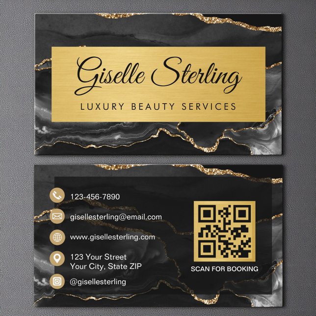 Carte De Visite Luxury Black Gold Agate Glitter QR Code (Créateur téléchargé)