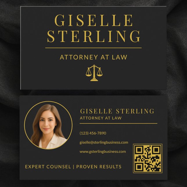 Carte De Visite Luxury Black Gold Attorney at Law QR Code (Créateur téléchargé)