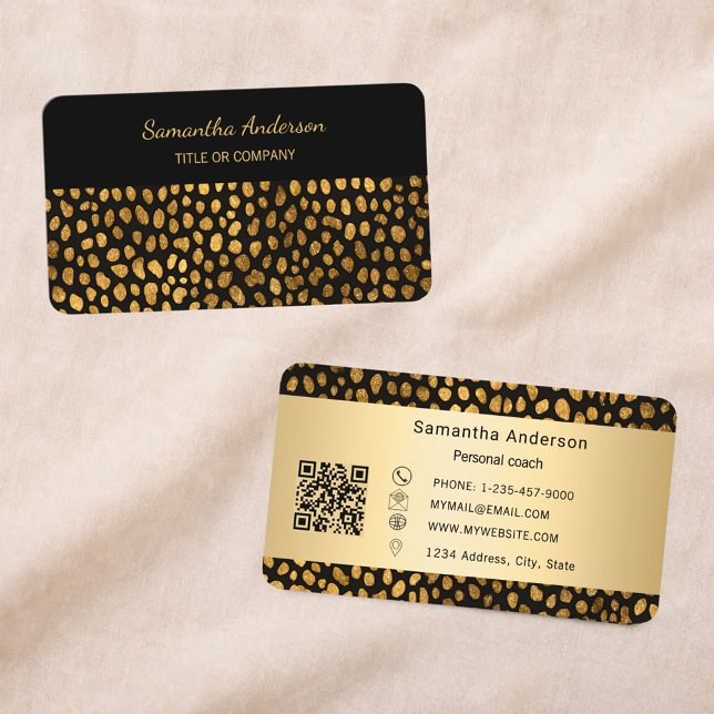 Carte De Visite Luxury Black Gold Leopard Print QR Code (Créateur téléchargé)