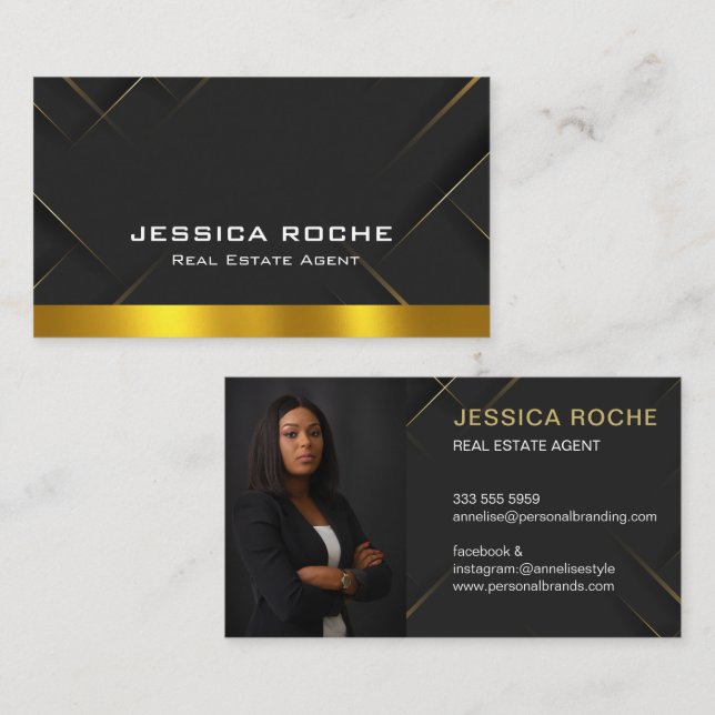 Carte De Visite Luxury Black Gold Photo Real Estate Agent QR Code  (Devant / Derrière)