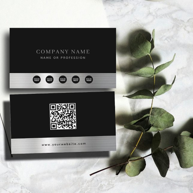 Carte De Visite Luxury Black Silver Company Social Media & QR Code (Luxury Black Silver Company Social Media & QR Code Business Card)