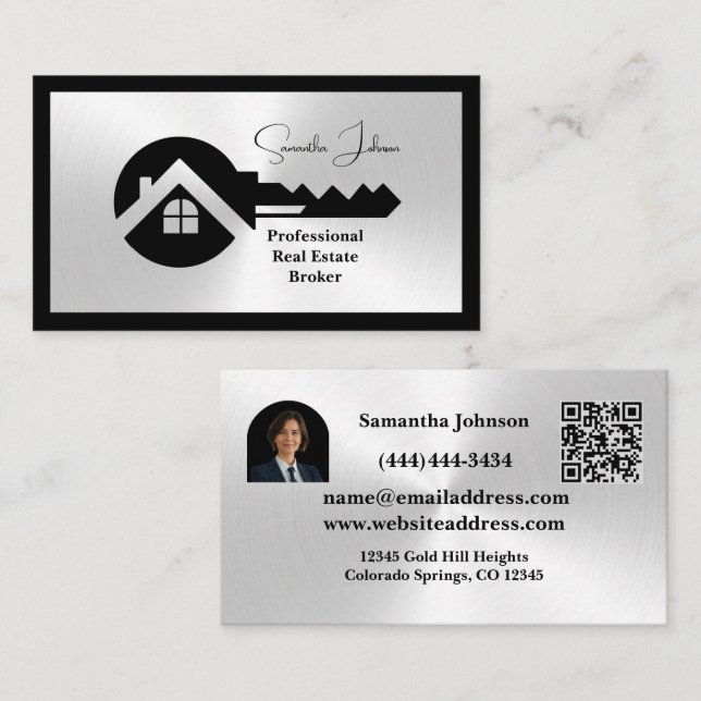 Carte De Visite Luxury Black & Silver QR Code Photo Real Estate  (Devant / Derrière)
