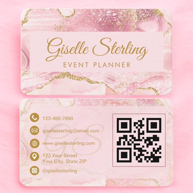 Carte De Visite Luxury Blush Pink Gold Event Planner QR Code (Créateur téléchargé)